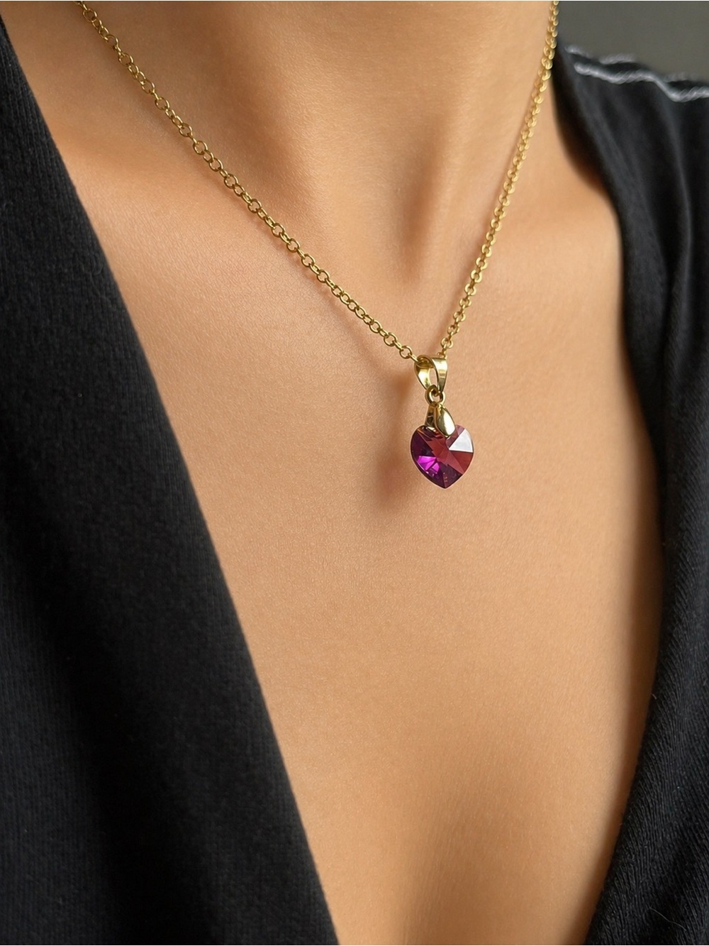 Gold Chain Necklace with Deep Pink Heart Pendant
